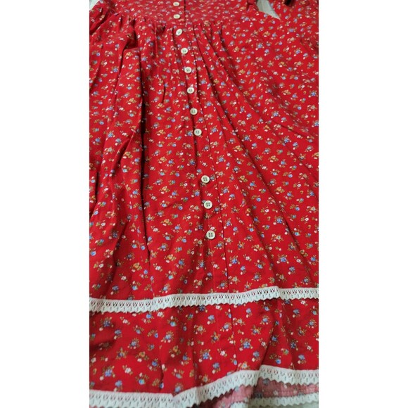 Vintage 70s Cinderella Red Floral Prairie Dress Lace Trim Size 14 Made in USA - Picture 6 of 12